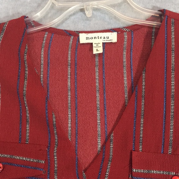 MONTEAU Brick Red Classic Style 2 Pocket Tie Front V-Neck Long Sleeve Shirt - Picture 3 of 14